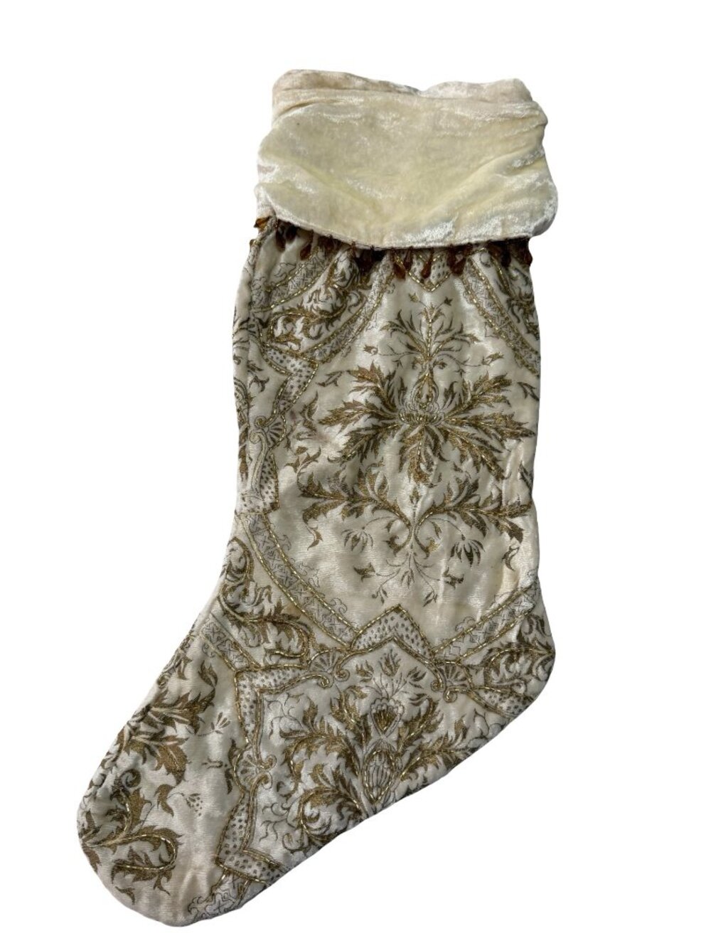 Bombay Ivory Gold Beaded Christmas Stocking Velvet Holiday Decor Mantel Hanging